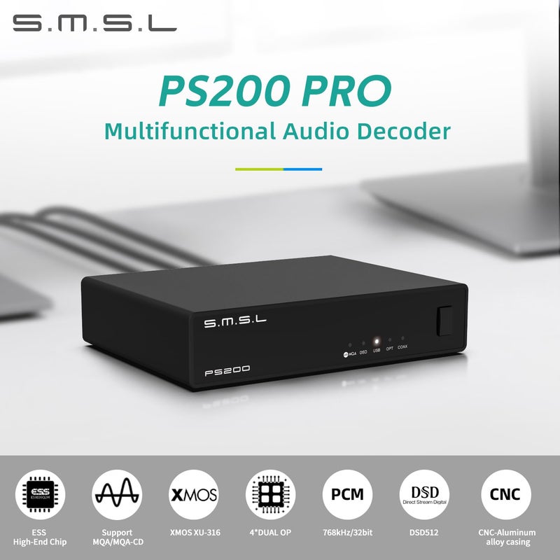 AOSHIDA SMSL PS200PRO ES9039Q2M HiFi DAC, DSD512 PCM 32Bit/768kHz Digital to Analog Audio Converter, USB/Optical/Coaxial to Stereo RCA Output, MQA/MQA-CD Audio DAC for PC/PS5/Switch/Amp - Image 2